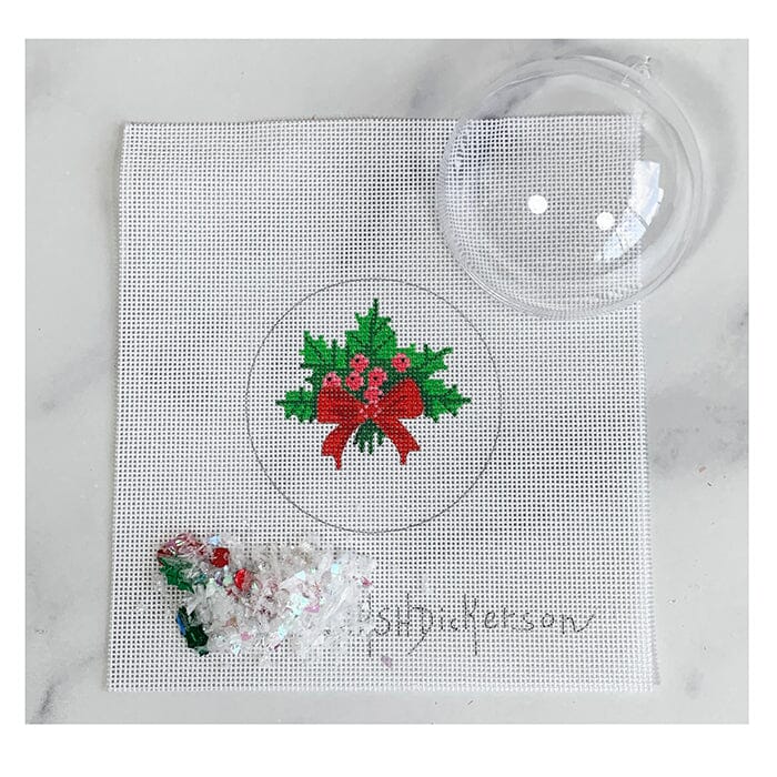 Holly w/Berries Ornament with Clear Dome & Confetti