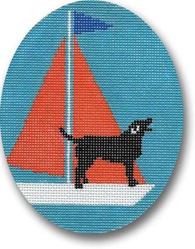 Black Lab on Sailboat - Orange Sail