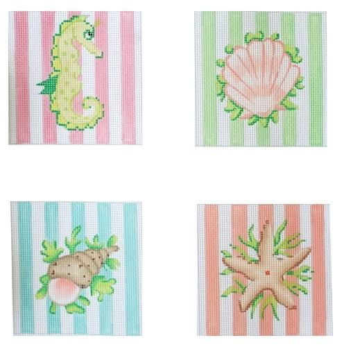 Sea Creatures on Pastel Cabana Stripes Coasters