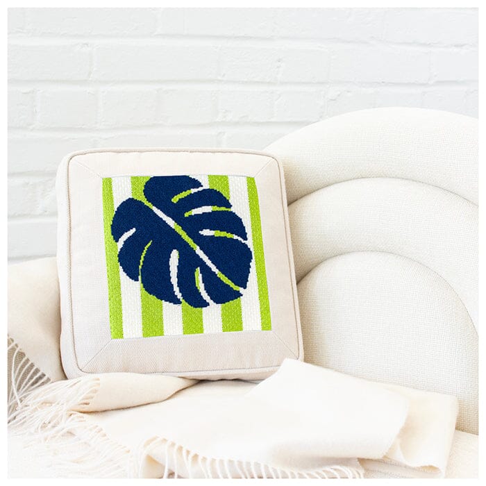 Monstera Stencil on Blue Square with Stitch Guide